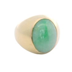 Experience the timeless elegance of our Oval Cabochon Jade and 14K Yellow Gold Vintage Ring. The smooth cabochon jade and bold gold setting exude sophistication and luxury. Elevate any outfit with this classic, vintage piece that will never go out of style. Jewelry Style : Ring Metal Type : 14K Gold  Jade: Oval approximately 17mm x 13mm Ring Size : 9.5 : Can be sized by your jeweler estate piece, sold as is, all weights are estimates Elegant Emerald Jade Ring With Cabochon, Formal Oval Jade Emerald Ring, Modern Cabochon Emerald Ring For Formal Occasions, Classic Domed Emerald Ring For Formal Occasions, Modern Formal Emerald Cabochon Ring, Classic Gold Emerald Cabochon Ring, Elegant Green Signet Ring With Polished Finish, Classic 14k Gold Emerald Cabochon Ring, Classic Jade Rings For Formal Occasions