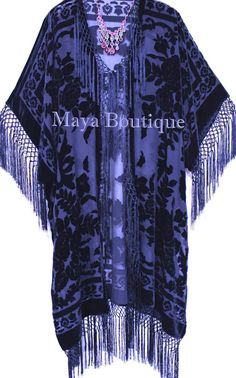 Navy Blue Silk Burnout Velvet Fringe Jacket Kimono Duster Maya | Etsy Blue Tasseled Outerwear For Fall, Blue Long Sleeve Outerwear With Tassels, 1920s Inspired Outfit, Duster Outfit, Silk Duster, Velvet Fringe, Jacket Cape, Velvet Kimono, Fringe Kimono