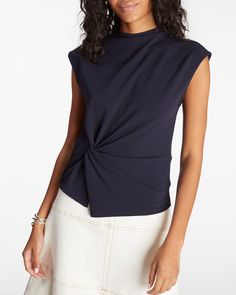 Designed in a luxe scuba crepe, the Robin Top is a polished silhouette with a twist at the waist for an architectural touch. Featuring a mock neck and cap sleeves for added interest, Robin is an effortless style that adds polish to any look. Pair this noteworthy top back to our Hudson Skirt or Harrison Pant for a day-to-night sensibility. Maritime Blue, Tanya Taylor, Knitted Coat, Everyday Dresses, Kids' Dresses, Kids Dress, Effortless Style, Knit Dress, Mock Neck