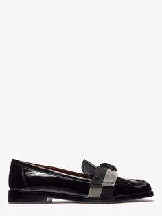 Let your shoes do the talking. Trimmed with two-tone twill bows these lustrous patent leather loafers will speak to your excellent taste. | Kate Spade Leandra Loafers, Black - 9.5 Shoes With Bows, Patent Leather Loafers, Black Loafers, Sheep Leather, Your Shoes, Black 7, Stacked Heel, Leather Loafers, Kate Spade New York