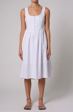 This lightweight, linen-kissed midi is designed in a sleeveless silhouette with a flared skirt. Side zip closure Front button closure Scoop neck Sleeveless Unlined 55% viscose, 45% linen Machine wash, line dry Imported Unlined A-line Midi Dress For Summer, Chic Sleeveless A-line Linen Dress, Fitted A-line Midi Dress Unlined, Spring Linen A-line Midi Dress, Sleeveless Fit And Flare Midi Dress For Daywear, Fit And Flare Sleeveless Midi Dress For Daywear, Feminine Sleeveless Knee-length Summer Dress, Sleeveless Fit And Flare Midi Dress For Garden Party, Fitted Unlined Linen Midi Dress