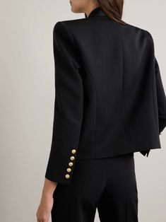 BALMAIN Embellished satin-trimmed grain de poudre wool jacket Balmain Jacket, Satin Shawl, Flat Dress Shoes, Floral Dresses Short, Dress Flats, Sport Swimwear, Swimsuit Dress, Denim Pant, Wool Jacket