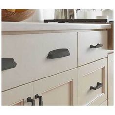 an image of kitchen drawers with handles and knobs