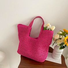 UAKISS - Trendy All Match Solid Crochet Shoulder Underarm Bag Fashion Korean Women Tote Bags Vintage Casual Simple Handbags Y2k Aesthetic Size:45*36*15CM Pink Crochet Bag With Large Capacity, Large Capacity Pink Straw Bag, Large Capacity Pink Crochet Bag For Shopping, Pink Crochet Bag With Large Capacity For Summer, Pink Crochet Satchel Bag For Summer, Pink Crochet Bag For Daily Use, Pink Large Capacity Crochet Bag For Summer, Large Capacity Pink Crochet Bag For Summer, Casual Pink Crochet Bag For Daily Use