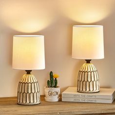 two lamps sitting on top of a wooden table next to books and a potted cactus