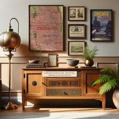 a living room filled with furniture and pictures on the wall next to a plant in a vase