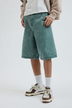 BDG Astro Baggy Denim Jort Denim Jorts, Baggy Denim, Men's Shoes Accessories, Women Men Shoes, Mens Bottom, Exclusive Collection, Dark Green, Urban Outfitters, Denim Shorts