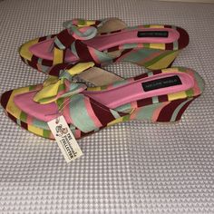 Mellow World Striped Sandals With Clip On Removable Bow Sz 8 Adorable. Wedge Heel. Colorful And Fun Pattern: Pink Light Blue Green Yellow And Burgundy Stripe. Denim/Cloth. Soft Foot Bed. Tag Says 7 But Soles Are Stamped Size 8. Some Dye Transfers/Imperfections. Priced Accordingly. See Photos. New, Never Worn. Retro Summer Sandals With Flat Heel, Retro Summer Flat Heels, Retro Flat Sandals For Spring, Spring Retro Flat Sandals, Retro Closed Toe Sandals For Beach, Retro Sandals For Vacation, Retro Open Toe Sandals For Vacation, Flat Fabric Sandals For Vacation, Casual Fabric Sandals With Flat Heel