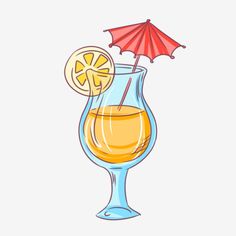 a glass filled with orange juice and an umbrella