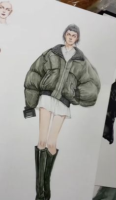 a drawing of a woman wearing boots and a jacket