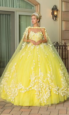 Yellow long a-line quinceanera ball gown with removable cape and sweetheart strapless neckline. Yellow Quinceanera Dresses, Yellow Wedding Dress, Long Cape, Short Dress Styles, Beauty Features, Exquisite Gowns, Body Measurement, Quinceanera Dress, Yellow Wedding