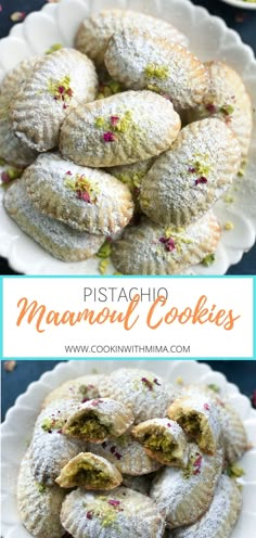 several different types of pastries on plates with the words, pistachio mammari cookies