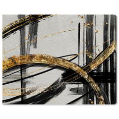 an abstract painting with gold and black lines