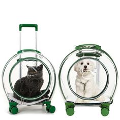 two small suitcases with cats and dogs in them, one is green and the other is white