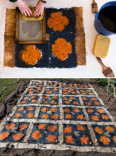 two pictures showing how to make an outdoor rug with orange flowers on the ground and in front of it