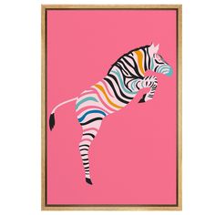 a painting of a zebra jumping in the air on a pink background with wood frame