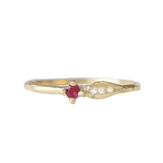 Handcrafted ring. "What is planted in each person's soul will sprout." - Rumi. Ruby measures 2mm. Three white round brilliant accent diamonds 0.015cts. Sapphire And Ruby Ring, Antique Ruby Ring, Gold Leaf Ring, Ring With Ruby, Gold Leaf Rings, Colored Engagement Rings, Rings Diamond, Gemstone Engagement, Leaf Ring