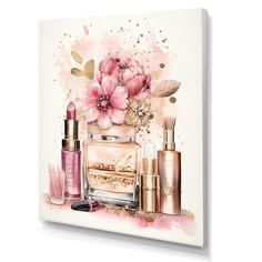 a painting with cosmetics and flowers on it