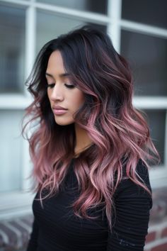 Rose Gold Hair On Black Hair, Coloured Hair Bright, Rose Gold Balayage On Dark Hair, Hair Color Styles For Long Hair, Rose Gold Dark Hair, Dark Roots With Pink Hair, Rose Gold Hair With Dark Roots, Dark Hair With Pink Balayage, Pink Balayage On Dark Hair