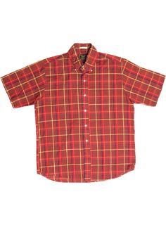 Size: Large Color: Red Material: Cotton Made In: USA Length: 30" Chest Width: 24" Vintage Condition Notes: - Item is generally in good condition. It shows some signs of wear, but there are no outstanding flaws.   Brand: Sears Classic Plaid Cotton Short Sleeve Shirt, Classic Cotton Short Sleeve Plaid Shirt, Classic Short Sleeve Cotton Flannel Shirt, Classic Cotton Short Sleeve Flannel Shirt, Short Sleeve Cotton Flannel Shirt With Button Closure, Fall Short Sleeve Shirt With Button Closure, Classic Red Cotton Flannel Shirt, Classic Short Sleeve Flannel Shirt For Summer, Red Vintage Cotton Flannel Shirt