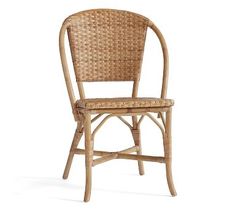 a wooden chair with wicker seat and backrests on an isolated white background