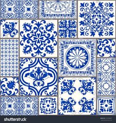 a set of blue and white tiles with floral designs on them, all in different patterns