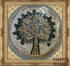 a mosaic tree is shown in a gold frame with an ornate border around the edges