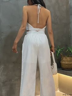 Peilia - Sophisticated Solid 2-Piece Ensemble: Backless Halter Top and High-Waist Wide Leg Pants for Women Backless Halter Top, High Waist Wide Leg Pants, Halter Top, Leg Pants, 2 Piece, Wide Leg Pants, High Waist, Wide Leg, Pants For Women