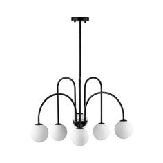 a black chandelier with five white balls hanging from it