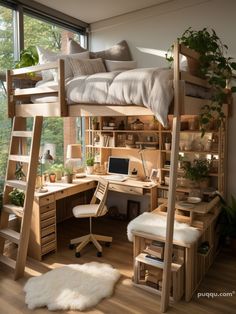 a loft bed with a desk and chair underneath it in a room filled with windows