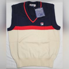 Nwt Vintage 1980s Fila Giappone Men’s Or Women's 100% Wool Knit Tennis Sweater Vest Size: 32 - --Xsmall Color: Cream ( Beige) Bottom, Navy Blue Top Although This Is A New Item And Never Been Worn It Is Around 44 Years Old. There Is A Small Pull / Separation Of Knit As Noted In The Pics. I Will Ship This Item Out Via Usps Priority 2-5 Day Mail With A Tracking Number For Confirmation I Ship Items Out Every Day So Expect A Quick Delivery! Please Feel Free To Ask Any Questions You May Have I Answer Tennis Sweater, Navy Blue Top, Cream Beige, Wool Knit, Blue Top, Quick Delivery, Blue Cream, Sweater Vest, Tracking Number