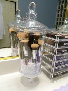 I bought this same jar and put my makeup brushes in it!! I love it because they no longer get dusty which is so bad for your skin plus they are supposed to be stored vertical like this to be best for the brushes! Its also pretty to look at! Organize Life, Awesome Makeup