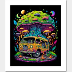 a van is parked in front of a mushroom - like tree with mushrooms on it