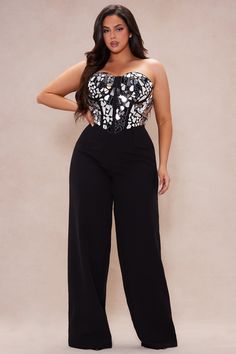 Available In Black. Embellished Jumpsuit Strapless Sweetheart Neckline Bra Cups Corset Waist Lace Up Back Hidden Back Zipper Wide Pant Stretch Self: 100% Polyester Lining: 100% Polyester Imported | Trisha Embellished Jumpsuit in Black size Large by Fashion Nova Black Formal Jumpsuit, Embellished Jumpsuit, Formal Jumpsuit, Corset Waist, Strapless Sweetheart Neckline, Black Formal, Wide Pants, Black Jumpsuit, Bra Cups