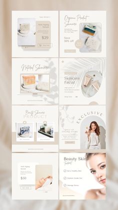 This is the new Beauty Skincare Templates, made and fully editable with Canva. In this interface you can work with the design in a simple way, editing all the elements you want and adjusting it to your needs. Ideal to promote and boost your Social Media. Free Social Media Templates, Instagram Feed Tips, Skin Care Business, Workbook Design