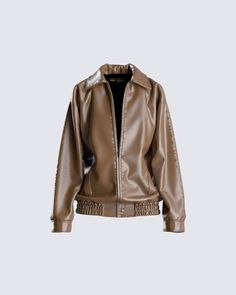 Take your look from basic to chic with this brown vegan leather jacket 🤎 Made from faux vegan leather featuring an elastic hem, and a front zipper - this jacket is the perfect staple item to wear all year long 😚 Note: this is faux leather as we don't use any real animal products in our fits ✨ Leather Jacket Png, Danny Brown, Black Cropped Jacket, Pink Tweed Jacket, Animal Products, Leather Jacket Outfits, Vegan Leather Jacket, Baby It's Cold Outside, Color Analysis