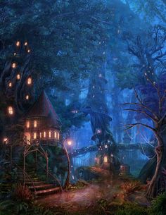 a painting of a house in the middle of a forest at night with lights on