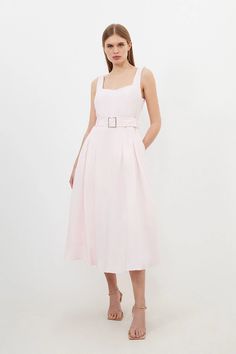 Petite Premium Tailored Linen Square Neck Belted Midi Dress | Karen Millen Chic Midi-length Pleated Dress With Box Pleat, Elegant Spring Maxi Dress With Belt, Spring A-line Dress With Belt, Elegant Spring Belted Pleated Dress, Elegant Summer Midi Dress With Box Pleat, Summer Knee-length Dress With Belt, Elegant Linen Midi Dress For Spring, Belted Pleated Dress For Spring Formal, Belted Pleated Midi Dress For Party