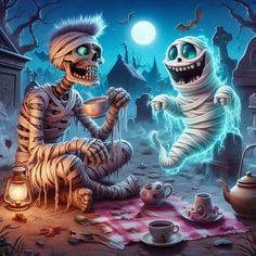 two skeletons are sitting on the ground in front of a teapot and cup with candles