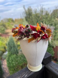 This stunning autumn flower crown is designed to add an elegant rustic touch to any fall wedding or boho event. Crafted with dried maple leaves, artificial flowers, and stabilized blooms in rich burgundy and yellow tones, it embodies the beauty of the season. The wreath is made on a flexible base, ensuring a comfortable fit for any head size. Ideal for seasonal photoshoots, special occasions, or as a unique Halloween accessory, this handmade crown captures the essence of autumn with a blend of natural and artificial elements, including berries for a vibrant, textured look. Autumn Flower Crown, Fall Crown, Boho Event, Handmade Crown, Autumn Hair Accessories, Leaf Headpiece, Leaf Crown, Rich Burgundy, Boho Fall