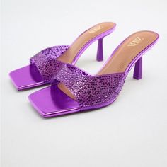 Zara Rhinestone Vinyl High Heel Sandals Lavender Heels, Animal Print High Heels, Feather Sandals, Strap Sandals Heels, Zara Heels, Pointy Toe Heels, Rhinestone Sandals, Square Toe Heels, Rhinestone Heels