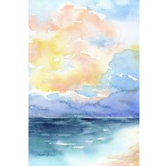 a watercolor painting of clouds over the ocean