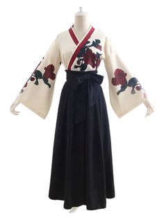 ❤Japanese Flower Print Kimono Shirt + Ribbon Hakama-Style Skirt❤ Japanese Clothing Style Women, Hakama Women, Short Kimono Outfit, Kimono Outfit Japanese, Red Kimono Outfit, Kimono Hakama, Japanese Costume, Red Kimono, Kimono Shirt