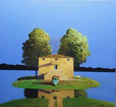 an oil painting of a house by the water