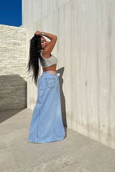 Re worked Vintage Levi Full Length Denim Skirt With Slit Detail Each piece is one of a kind vintage wash and sold as-is Hand made In L.A Takes 2 weeks to ship Jeans Long Skirt, Jeans Long, Distressed Denim Skirt, Skirt Denim, Denim Skirt Women, Closet Inspiration, Denim Maxi Skirt, Levis Denim, Vintage Levis