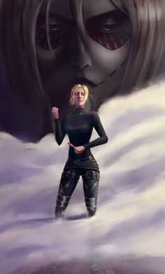 a digital painting of a woman standing in the clouds