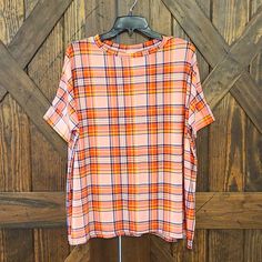 Xs/S Nwt 97% Polyester 3% Spandex Made In The Usa Casual Plaid Top With Shirttail Hem, Short Sleeve Orange Top For Loungewear, Multicolor Short Sleeve Tops For Loungewear, Summer Plaid Crew Neck Top, Plaid Crew Neck Top For Summer, Dora Black, Overlay Blouse, Pocket Blouse, Rose Shirts