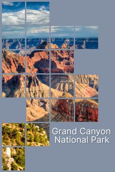 the grand canyon national park is shown with many different pictures in it's squares