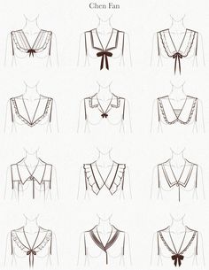 different types of blouses with bows on the front and back, all drawn in black ink