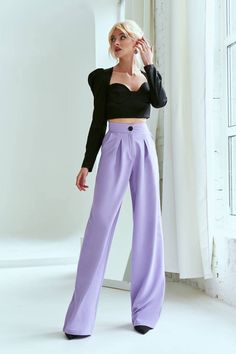 For tall ladies, inseam is 95 cm or 37,4 inches Wide leg pants with high waist underline the waist line and hide legs - perfect for women with Monica Bellucci type of figure. They fit perfectly, can be combined with crop tops, t-shirts and classic shirts. You can add a belt to finish the look. Our high waist pants can be worn on various occasions, including office work, business meetings, cocktail parties and late dinners. A worthy day-to-night pick. DETAILS - High waist pants - Wide legs - Two Lavender Wide Leg Pants Outfit, Cowboy Boots Wide Leg Pants, Fitted Wide-leg Pants For Office, Fitted Wide Leg Office Pants, Fitted Wide Leg Pants For Office, Trendy High Waist Wide Leg Formal Pants, Trendy High-waisted Dress Pants For Office, High Waist Bottoms For Business Casual, Office Lady Style, Trendy High Waist Wide Leg Pants For Formal Occasions